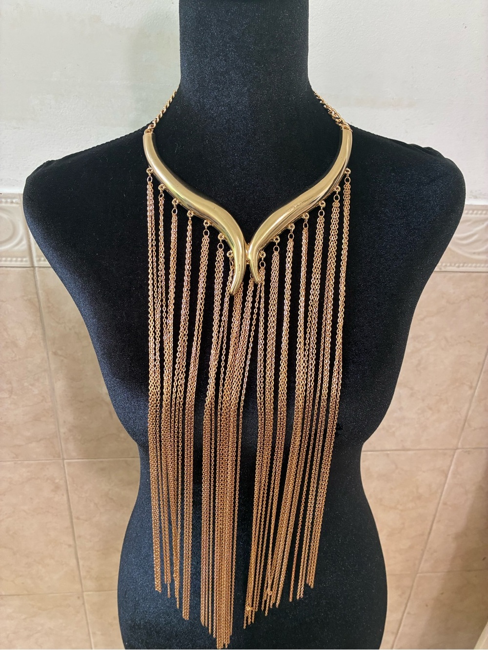 Gold Fringe V-Collar Statement Necklace - Women Jewelry